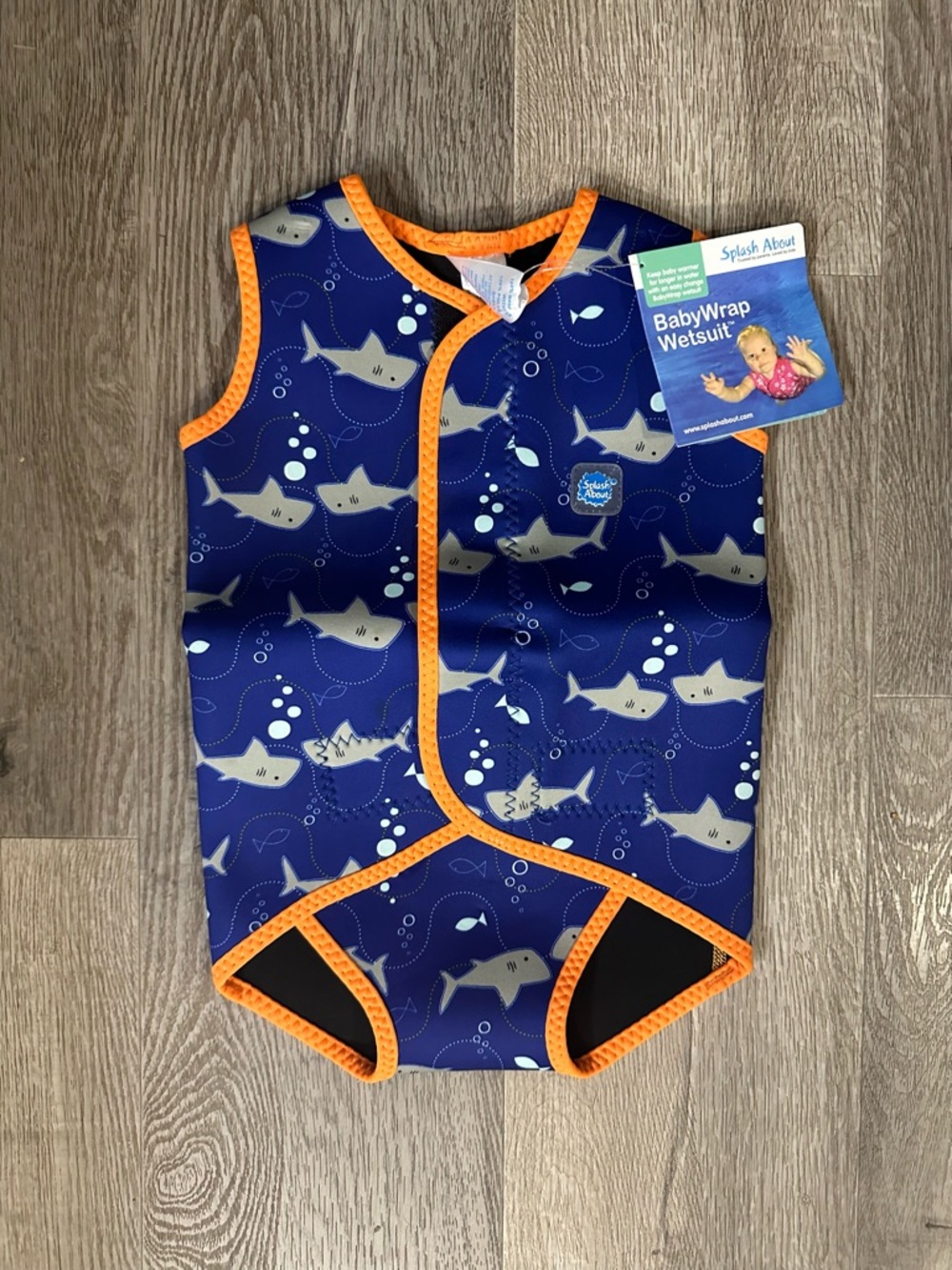 BabyWrap Wetsuit Baby Float - Navy Shark Print with Orange Trim